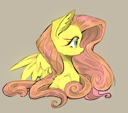 Size: 1292x1141 | Tagged: safe, artist:mequiloano, fluttershy, pegasus, pony, g4, back fluff, bust, cute, ear fluff, female, gray background, mare, portrait, profile, shyabetes, simple background, solo, spread wings, wings