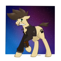 Size: 1581x1581 | Tagged: safe, artist:dyonys, oc, oc only, oc:night chaser, earth pony, pony, clothes, full body, jacket, knife, male, mouth hold, raised hoof, scar, solo, stallion