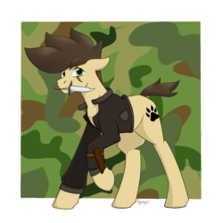 Size: 1581x1581 | Tagged: safe, artist:dyonys, oc, oc only, oc:night chaser, earth pony, pony, clothes, jacket, knife, male, mouth hold, raised hoof, scar, solo, stallion