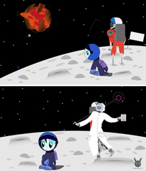 Size: 4000x4680 | Tagged: safe, artist:wheatley r.h., oc, oc only, oc:sturdy diablo, bat pony, pony, comic:sturdy oddity, 2 panel comic, arsenic tank, astronaut, bat pony oc, clothes, comic, cosmonaut, crater, earth shattering kaboom, end of the world, explosion, flag, hair, hand, lab coat, looking up, male, monolith, moon, nitrogen tank, on the moon, oxygen tank, planet, plasma ball, portal (valve), portal 2, sad, satellite, sequence, shocked, sitting, space, spacesuit, spanish, spanish text, sputnik, stars, torn clothes, translated in the description, two toned mane, vector, watermark, wheatley