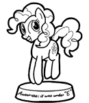 Size: 130x150 | Tagged: safe, artist:crazyperson, pinkie pie, earth pony, pony, fallout equestria, fallout equestria: commonwealth, g4, black and white, cutie mark, fanfic, fanfic art, female, grayscale, grin, hat, hooves, jumping, lineart, mare, ministry mares, ministry mares statuette, monochrome, picture for breezies, simple background, smiling, solo, transparent background, white background
