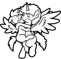 Size: 209x200 | Tagged: safe, artist:crazyperson, oc, alicorn, pony, unicorn, fallout equestria, fallout equestria: commonwealth, alicorn oc, black and white, blushing, duo, fanfic, fanfic art, female, generic pony, grayscale, hooves, horn, hug, lineart, mare, monochrome, picture for breezies, simple background, spread wings, transparent background, wings