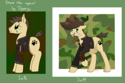 Size: 1781x1181 | Tagged: safe, artist:dyonys, oc, oc only, oc:night chaser, pony, clothes, comparison, draw this again, jacket, knife, male, redraw, scar, stallion