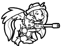Size: 199x150 | Tagged: safe, artist:crazyperson, oc, oc:periwinkle, alicorn, pegasus, pony, unicorn, fallout equestria, fallout equestria: commonwealth, alicorn oc, black and white, clothes, duo, fanfic, fanfic art, female, generic pony, grayscale, gun, hooves, horn, jumpsuit, lineart, male, mare, monochrome, one eye closed, optical sight, picture for breezies, scope, simple background, sitting, spread wings, stallion, standing, tongue out, transparent background, vault suit, weapon, wings