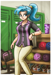 Size: 1519x2250 | Tagged: safe, artist:king-kakapo, part of a set, allie way, human, g4, bag, bowling ball, breasts, busty allie way, clothes, commission, female, humanized, pants, shirt, solo