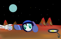 Size: 5101x3300 | Tagged: safe, artist:wheatley r.h., oc, oc only, oc:sturdy diablo, bat pony, pony, comic:sturdy oddity, bat pony oc, blue moon, bone, egg (food), food, green eyes, hair, hand, hot place, moon, pan, planet, rock, single panel, skeleton, solo, stars, sweat, this ended in death, vector, water, watermark