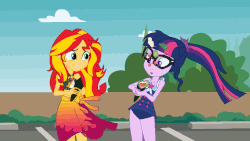 Size: 1600x900 | Tagged: artist needed, safe, screencap, sci-twi, sunset shimmer, twilight sparkle, equestria girls, g4, my little pony equestria girls: better together, x marks the spot, animated, bikini, clothes, cute, female, food, geode of empathy, geode of telekinesis, magical geodes, sleeveless, sushi, swimsuit