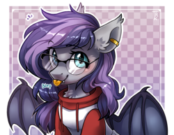 Size: 3088x2379 | Tagged: safe, artist:trickate, oc, oc only, oc:andromeda galaktika, bat pony, pony, :p, abstract background, bat pony oc, checkered background, chest fluff, clothes, commission, cute, ear fluff, ear piercing, ear tufts, earring, fangs, female, floppy ears, fluffy, glasses, high res, hoodie, jewelry, looking at you, mare, ocbetes, piercing, silly, smiling, solo, spread wings, tongue out, wings