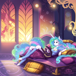 Size: 1500x1500 | Tagged: dead source, safe, artist:ladychimaera, princess celestia, alicorn, dragon, anthro, unguligrade anthro, g4, beautiful, bedroom, book, clothes, female, indoors, leg warmers, mare, nail polish, reading, relaxing, side slit, skirt, socks, solo, window