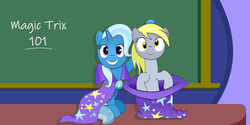 Size: 6000x3000 | Tagged: safe, artist:alhorse, derpy hooves, trixie, pony, a matter of principals, g4, chalkboard, clothes, cute, derpabetes, diatrixes, duo, hat, pony out of a hat, scene interpretation, smiling, trixie's hat