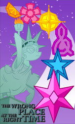 Size: 601x990 | Tagged: safe, artist:flash equestria photography, aunt orange, blossomforth, daring do, octavia melody, trixie, twilight sparkle, g4, alternate mane six, alternate universe, cover, cutie mark, element of magic, elements of harmony, fanfic art, manehattan, statue of friendship