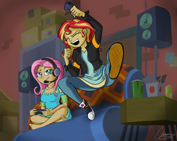 Size: 2672x2124 | Tagged: safe, artist:oinktweetstudios, fluttershy, sunset shimmer, equestria girls, equestria girls series, g4, game stream, spoiler:eqg series (season 2), barefoot, clothes, controller, converse, dress, eyes closed, feet, female, fluttershy is not amused, gamer fluttershy, gamer sunset, gamershy, high res, human coloration, shimmercode, shoes, smiling, sneakers, unamused