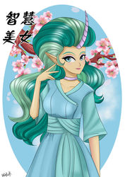 Size: 1024x1446 | Tagged: safe, artist:mdeltar, mistmane, human, g4, blushing, chinese, clothes, cute, dress, elf ears, eyeshadow, female, flower, horn, horned humanization, humanized, makeup, mistabetes, solo, unicorns as elves, young mistmane