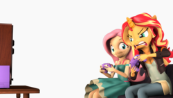Size: 2044x1150 | Tagged: safe, artist:flushthebatsanta, fluttershy, sunset shimmer, anthro, equestria girls, g4, game stream, my little pony equestria girls: better together, 3d, angry, clothes, controller, dress, gamecube, gamecube controller, gamer, geode of fauna, magical geodes, rage, shimmercode, source filmmaker