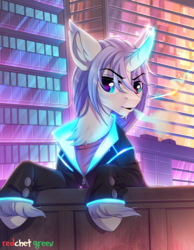 Size: 1200x1546 | Tagged: safe, artist:redchetgreen, oc, oc only, pony, unicorn, blue eyes, cigarette, city, clothes, glowing horn, horn, magic, purple mane, smoking, solo, telekinesis, unshorn fetlocks, white coat