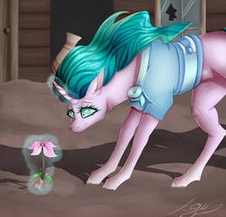 Size: 1024x985 | Tagged: safe, artist:sofienriquez, mistmane, pony, unicorn, g4, colored pupils, cute, ear fluff, female, flower, looking at something, magic, mare, mistabetes, solo