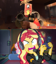 Size: 1356x1540 | Tagged: safe, edit, screencap, adagio dazzle, fluttershy, sunset shimmer, equestria girls, g4, game stream, my little pony equestria girls: better together, angry, comparison, demoman, demoman (tf2), gamer sunset, meme, nemesis, paper bag, psycho gamer sunset, shimmercode, stickybomb launcher, sunset shimmer frustrated at game, team fortress 2, tell me what you need, weapon