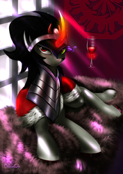 Size: 4250x6000 | Tagged: safe, artist:darksly, king sombra, pony, unicorn, g4, absurd resolution, alcohol, colored hooves, curved horn, fur, glowing horn, horn, magic, male, prone, solo, sombra eyes, telekinesis, wine