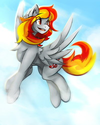 Size: 800x1000 | Tagged: safe, artist:lostdreamm, oc, oc only, oc:tridashie, pegasus, pony, chest fluff, cloud, cute, ear fluff, eye clipping through hair, female, flying, mare, ocbetes, open mouth, sky, solo, spread wings, wings