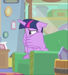 Size: 584x644 | Tagged: safe, screencap, twilight sparkle, alicorn, pony, g4, starlight the hypnotist, spoiler:interseason shorts, couch, cropped, cute, ears back, female, hug, scared, self-hugging, sitting, twiabetes, twilight sparkle (alicorn), winghug