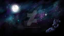 Size: 1024x576 | Tagged: safe, artist:feather-ponyart, princess luna, alicorn, pony, g4, deviantart watermark, female, filly, moon, night, obtrusive watermark, on back, royal sisters, solo, song reference, stargazing, stars, watermark, woona, younger, youtube video