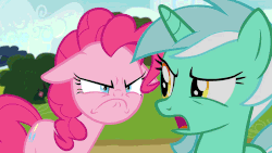 Size: 960x540 | Tagged: safe, edit, edited edit, edited screencap, editor:lolledits, screencap, lyra heartstrings, pinkie pie, earth pony, pony, unicorn, g4, rock solid friendship, angry, animated, female, floppy ears, gif, mare, perfect loop, scared, wat