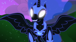 Size: 1667x937 | Tagged: safe, screencap, nightmare moon, princess luna, alicorn, pony, g4, luna eclipsed, season 2, armor, ethereal mane, fangs, female, glowing eyes, grin, jewelry, mare, nightmare moon glamour, regalia, smiling, solo, spread wings, starry mane, wings