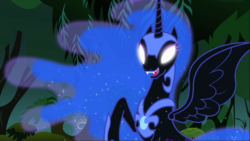 Size: 1668x939 | Tagged: safe, screencap, nightmare moon, alicorn, pony, g4, luna eclipsed, season 2, armor, ethereal mane, fangs, female, glowing, glowing eyes, jewelry, mare, open mouth, open smile, regalia, smiling, solo, spread wings, starry mane, wings