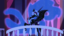 Size: 1667x938 | Tagged: safe, screencap, nightmare moon, alicorn, pony, friendship is magic, g4, armor, balcony, colored eyelashes, concave belly, ethereal hair, ethereal mane, ethereal tail, evil smile, eyeshadow, female, grin, helmet, hoof shoes, horn, makeup, mare, peytral, raised hoof, regalia, slender, slit pupils, smiling, spread wings, starry hair, starry mane, starry tail, tail, thin, wings