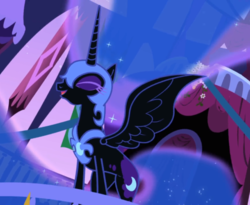Size: 1140x936 | Tagged: safe, screencap, nightmare moon, alicorn, pony, friendship is magic, g4, season 1, armor, colored eyelashes, concave belly, cropped, ethereal hair, ethereal mane, ethereal tail, evil laugh, eyes closed, eyeshadow, female, helmet, horn, jewelry, makeup, mare, open mouth, peytral, ponyville town hall, regalia, slender, spread wings, starry hair, starry mane, starry tail, tail, thin, wings