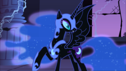 Size: 1668x938 | Tagged: safe, screencap, nightmare moon, alicorn, pony, friendship is magic, g4, season 1, armor, castle of the royal pony sisters, colored eyelashes, ethereal hair, ethereal mane, ethereal tail, eyeshadow, female, helmet, hoof shoes, horn, jewelry, looking back, makeup, mare, night, peytral, raised hoof, regalia, shocked, slit pupils, solo, spread wings, starry hair, starry mane, starry tail, stars, tail, wings