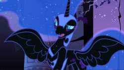 Size: 1667x939 | Tagged: safe, screencap, nightmare moon, alicorn, pony, friendship is magic, g4, animation error, armor, castle of the royal pony sisters, colored eyelashes, concave belly, ethereal hair, ethereal mane, ethereal tail, eyeshadow, faic, female, helmet, hoof shoes, horn, jewelry, makeup, mare, night, open mouth, peytral, raised eyebrow, raised hoof, regalia, slender, slit pupils, spread wings, starry hair, starry mane, starry tail, stars, tail, thin, unsure, wings
