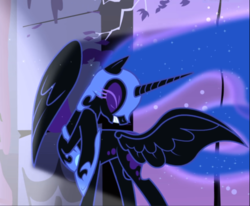 Size: 1138x938 | Tagged: safe, screencap, nightmare moon, alicorn, pony, friendship is magic, g4, armor, blinded, castle of the royal pony sisters, cropped, ethereal hair, ethereal mane, ethereal tail, eyes closed, female, grimace, helmet, hoof shoes, horn, jewelry, mare, night, peytral, raised hoof, regalia, solo, starry hair, starry mane, starry tail, stars, tail, wings