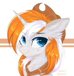 Size: 1542x1577 | Tagged: safe, artist:magicbalance, oc, oc only, oc:sunset star, pony, unicorn, abstract background, bust, cheek fluff, chest fluff, cowboy hat, ear fluff, eyebrows, eyebrows visible through hair, female, freckles, hat, horn, looking at you, mare, portrait, signature, smiling, solo, unicorn oc
