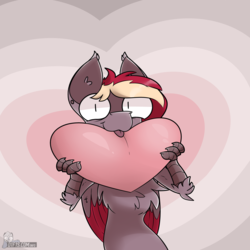 Size: 5120x5120 | Tagged: safe, artist:difis, oc, oc only, oc:velvet quill, hippogriff, :p, absurd resolution, chest fluff, cute, ear piercing, happy, heart, heart background, licking, male, piercing, silly, simple background, solo, tongue out, ych result
