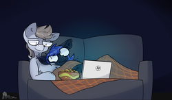 Size: 5120x3000 | Tagged: safe, artist:difis, oc, oc only, pony, blanket, bowl, chest fluff, chips, computer, couch, cuddling, duo, food, laptop computer