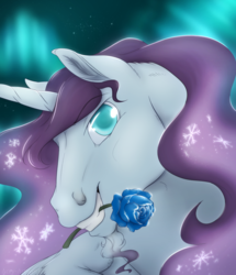 Size: 1400x1630 | Tagged: safe, artist:acry-artwork, oc, oc only, oc:diamond shine, alicorn, pony, aurora borealis, blue rose, bust, flower, frost, grin, male, portrait, rose, seductive look, smiling, snow, solo, stallion