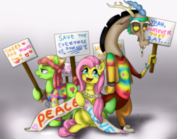 Size: 3080x2426 | Tagged: safe, artist:spacesheep-art, discord, fluttershy, tree hugger, draconequus, earth pony, pegasus, pony, g4, ..., clothes, discord is not amused, exclamation point, female, floppy ears, floral necklace, flower, flower in hair, headband, heart, high res, hippie, hoof hold, lidded eyes, male, mare, peace, protest, sign, tie dye, trio, unamused