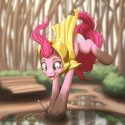 Size: 4000x4000 | Tagged: safe, artist:ohemo, pinkie pie, earth pony, pony, g4, absurd resolution, bench, bush, clothes, cute, diapinkes, female, forest, looking down, mare, muddy hooves, open mouth, puddle, raincoat, solo, water