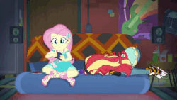 Size: 480x270 | Tagged: safe, screencap, fluttershy, sunset shimmer, equestria girls, g4, game stream, my little pony equestria girls: better together, angry, animated, controller, converse, couch, face down ass up, female, gamershy, headphones, loop, playing games, shoes, video game