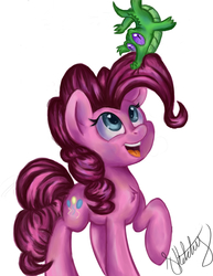 Size: 2550x3300 | Tagged: safe, artist:sketchiix3, gummy, pinkie pie, alligator, earth pony, pony, g4, biting, chest fluff, cute, diapinkes, duo, female, gummybetes, hair bite, high res, mare, nom, open mouth, signature, simple background, white background