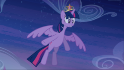 Size: 1666x939 | Tagged: safe, screencap, twilight sparkle, alicorn, pony, g4, princess twilight sparkle (episode), big crown thingy, crown, element of magic, female, flying, jewelry, mare, regalia, shocked, spread wings, twilight sparkle (alicorn), wings