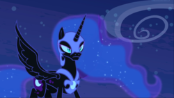 Size: 1666x938 | Tagged: safe, screencap, nightmare moon, alicorn, pony, g4, princess twilight sparkle (episode), animation error, armor, colored eyelashes, concave belly, ethereal hair, ethereal mane, ethereal tail, female, flapping, flying, helmet, horn, jewelry, mare, night, night sky, peytral, regalia, sky, slender, slit pupils, solo, spread wings, starry hair, starry mane, starry tail, stars, tail, thin, wings