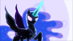 Size: 1670x940 | Tagged: safe, screencap, nightmare moon, alicorn, pony, g4, princess twilight sparkle (episode), season 5, armor, colored eyelashes, ethereal hair, ethereal mane, ethereal tail, eyeshadow, female, flapping, flying, glowing eyes, glowing horn, helmet, hoof shoes, horn, jewelry, magic, magic aura, makeup, mare, moon, peytral, raised hoof, regalia, spread wings, starry hair, starry mane, starry tail, tail, wings