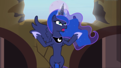 Size: 1665x939 | Tagged: safe, screencap, princess luna, alicorn, pony, g4, princess twilight sparkle (episode), angry, castle of the royal pony sisters, chestplate, ethereal mane, female, flashback, floating, flowing mane, glowing horn, hoof shoes, horn, jewelry, looking up, magic, mare, moon, moon work, open mouth, raised hooves, raising the moon, regalia, ritual, sin of envy, sin of wrath, solo, spread wings, starry mane