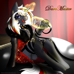 Size: 2344x2344 | Tagged: safe, artist:brainiac, oc, oc only, oc:velvet remedy, unicorn, anthro, fallout equestria, chest fluff, clothes, collar, dare master, dress, female, fishnet stockings, fluffy, garter belt, garters, high res, magic, magic aura, mare, microphone, musical instrument, panties, piano, singing, solo, text, underwear, wasteland wailers