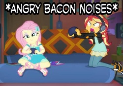 Size: 746x524 | Tagged: safe, edit, edited screencap, screencap, fluttershy, sunset shimmer, equestria girls, equestria girls series, g4, game stream, spoiler:eqg series (season 2), bacon, bacon hair, clothes, converse, descriptive noise, female, food, gamer sunset, gamershy, meat, meme, shoes, text, that pony sure have anger issues