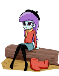 Size: 583x743 | Tagged: safe, artist:twilite-sparkleplz, liza doolots, petunia, tootsie flute, equestria girls, g4, boots, clothes, cute, equestria girls-ified, hat, hilda, hilda (netflix), log, netflix, partially undressed, reference, scarf, shoes, shoes removed, solo, sweater, tootsie cute