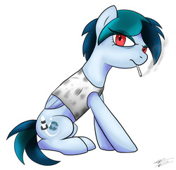 Size: 1280x1234 | Tagged: safe, artist:wolftendragon, oc, oc only, oc:delta vee, pegasus, pony, bags under eyes, cigarette, clothes, eye clipping through hair, female, looking at you, mare, signature, simple background, sitting, smoking, solo, white background