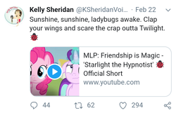 Size: 720x472 | Tagged: safe, pinkie pie, starlight glimmer, g4, interseason shorts, starlight the hypnotist, duo, glowing horn, horn, kelly sheridan, meta, text, twitter, youtube, youtube thumbnail